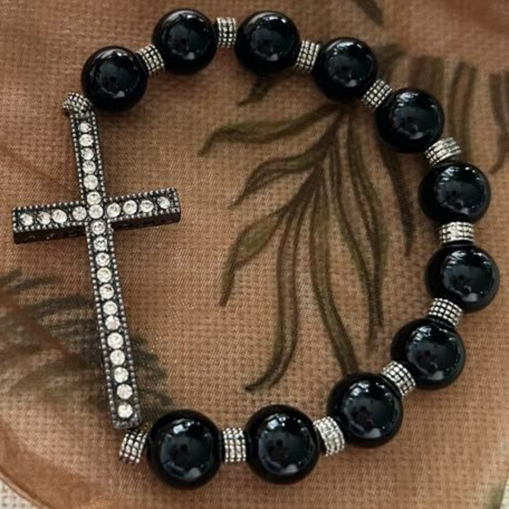 Handmade Black & Silver Cross Stretch Bracelet – Rhinestone Accent